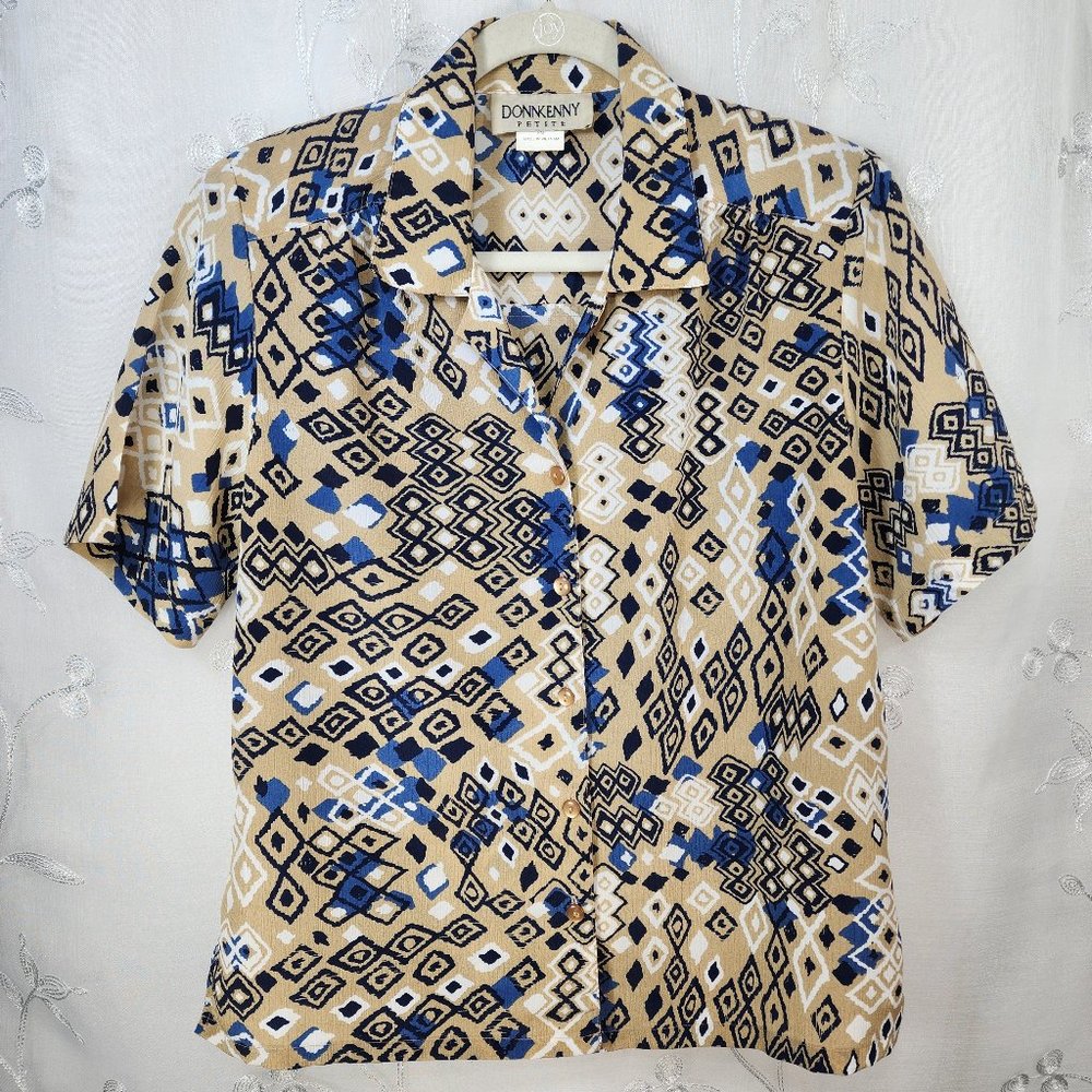 Vintage Geometric Color Block Button-up Blouse.